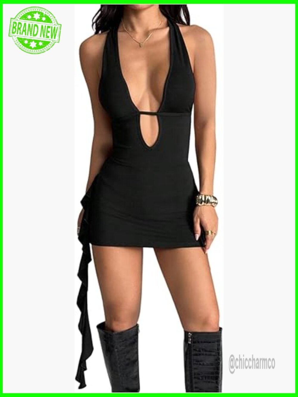 Deep V Neck Halter Dress Backless Ruffle Bodycon Mini Night Out